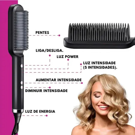 Escova Alisadora 5 em 1 | Alisa, Seca, Hidrata, Modela e Anti-Frizz | Bivolt